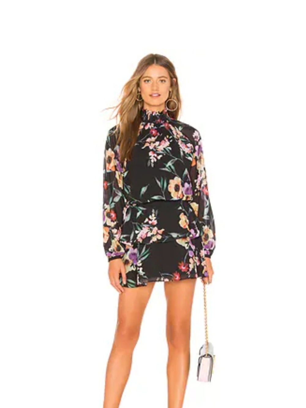 Yumi Kim Black Floral High-Neck Mini Dress with Multicolor Blooms Size M